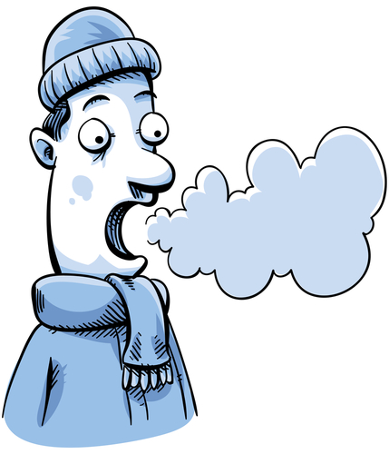 A cartoon man in cold weather can see his breath. - stock photo